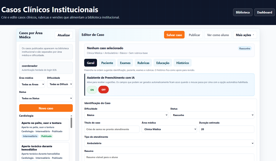 Tela real da biblioteca e editor de casos cl�nicos institucionais do EviNext